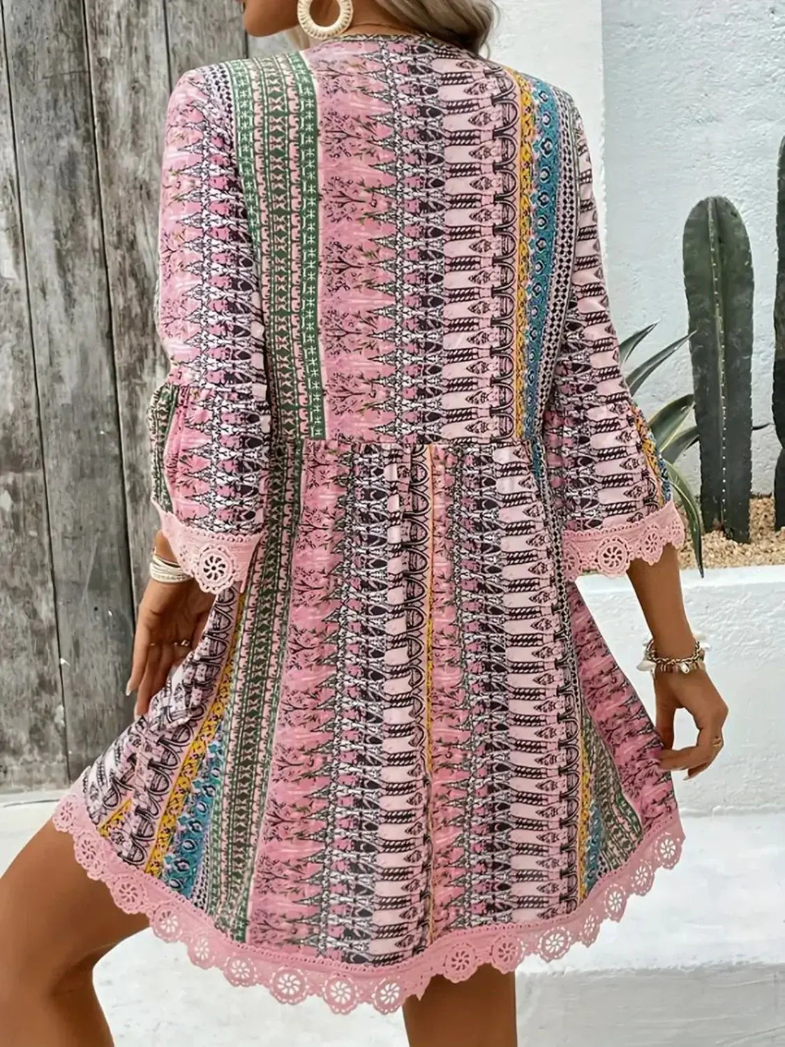 Lace Trim Printed V-Neck 3/4 Sleeve Dress - Trendsi - Flyclothing LLC