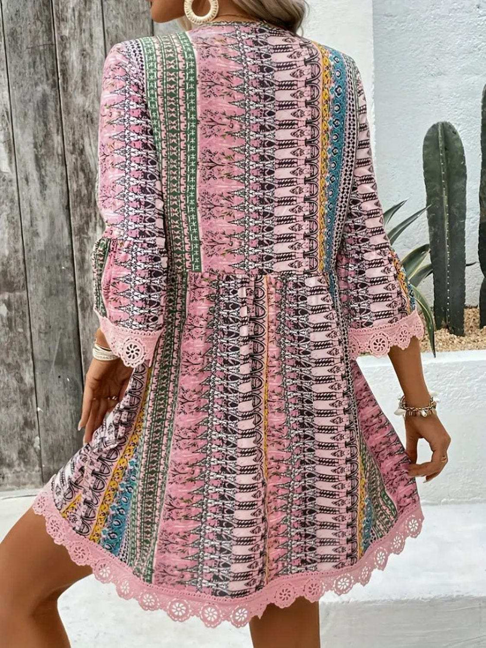 Lace Trim Printed V-Neck 3/4 Sleeve Dress - Trendsi - Flyclothing LLC