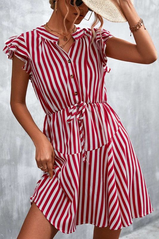 Ruffled Striped Cap Sleeve Mini Dress - Trendsi - Flyclothing LLC