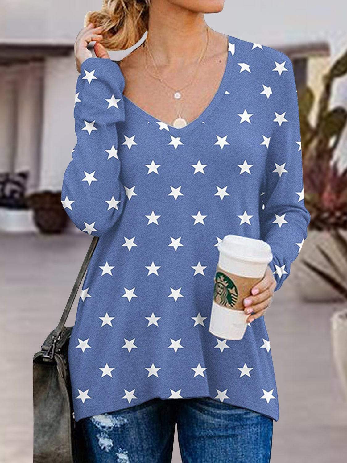 Full Size Side Zip Printed V-Neck Long Sleeve T-Shirt - Trendsi - Flyclothing LLC