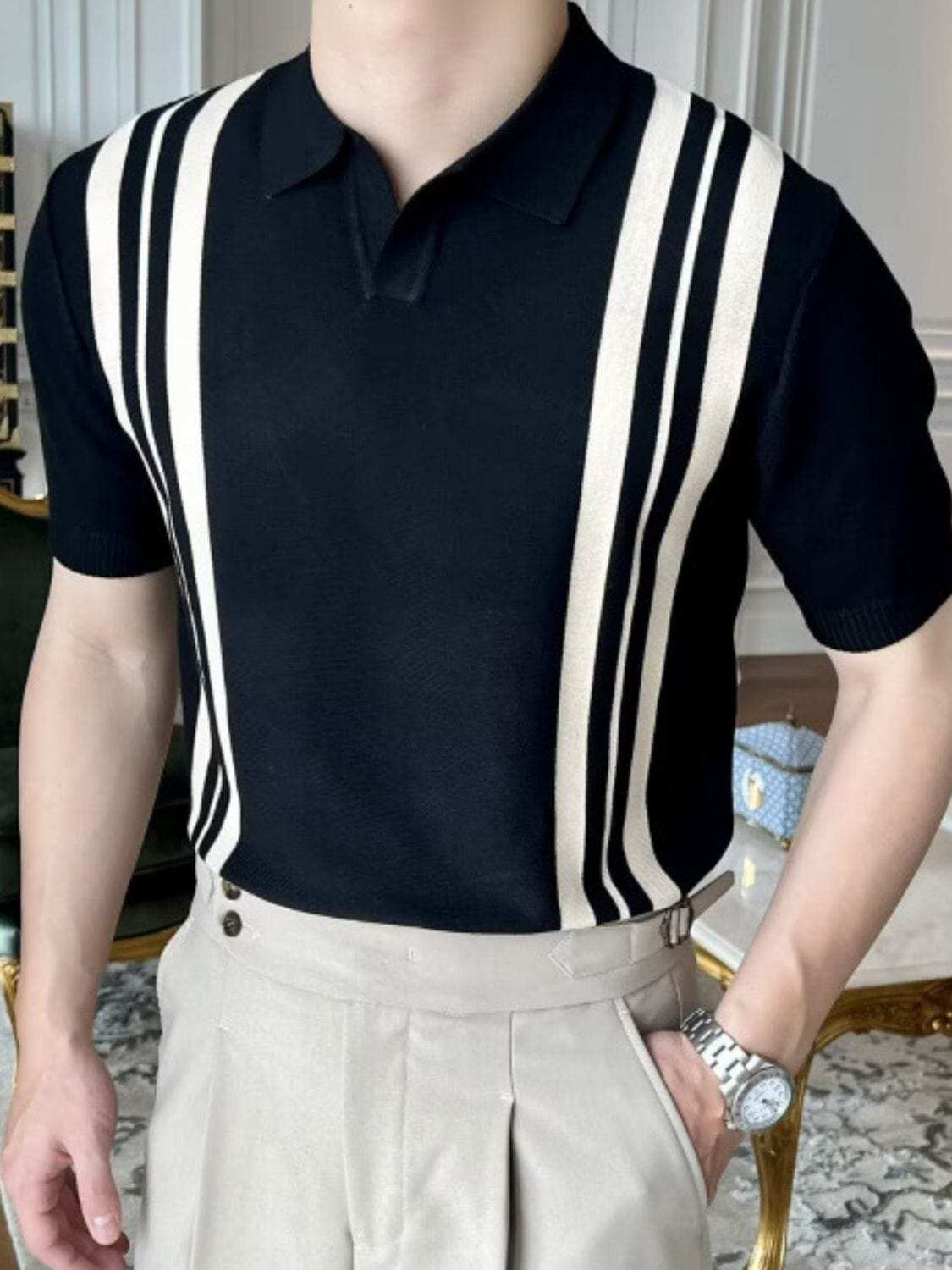 Men's Plus Size Contrast Collared Neck Short Sleeve Polo - Trendsi - Flyclothing LLC