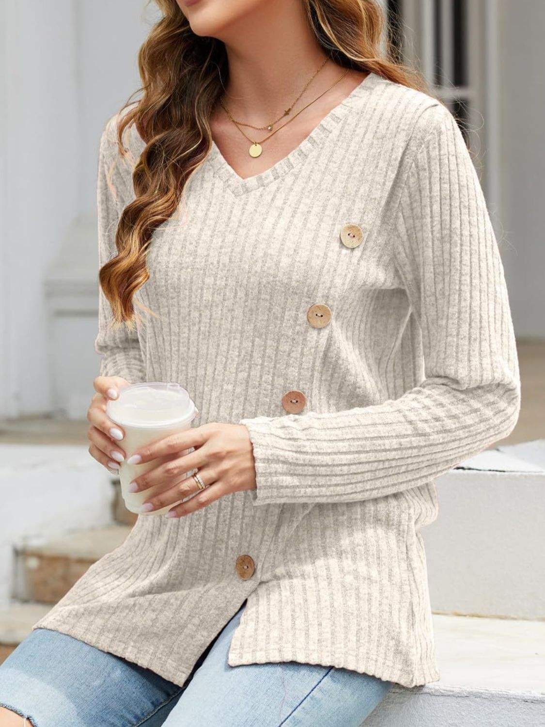 V-Neck Long Sleeve T-Shirt - Trendsi - Flyclothing LLC