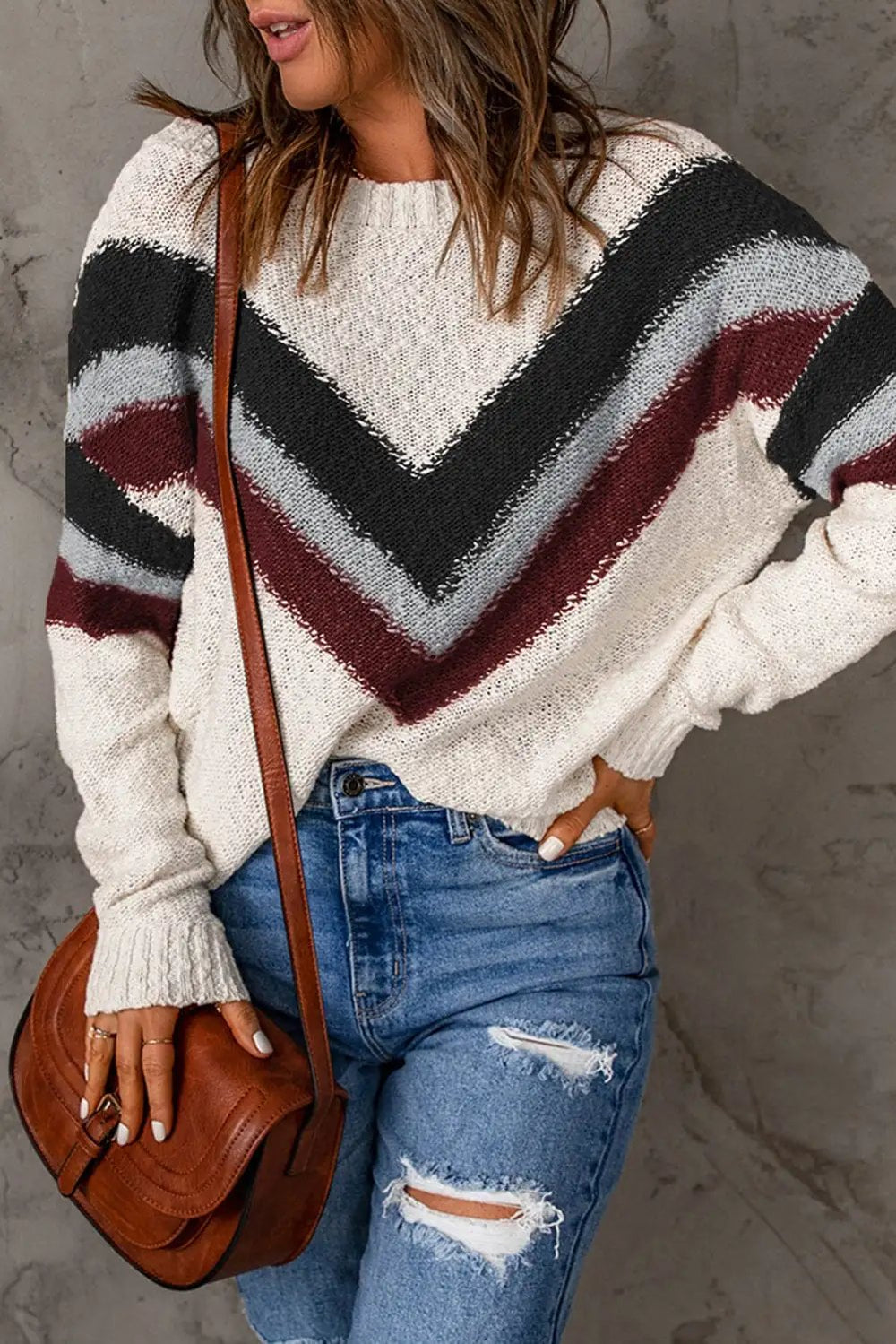 Contrast Dropped Shoulder Long Sleeve Sweater - Trendsi