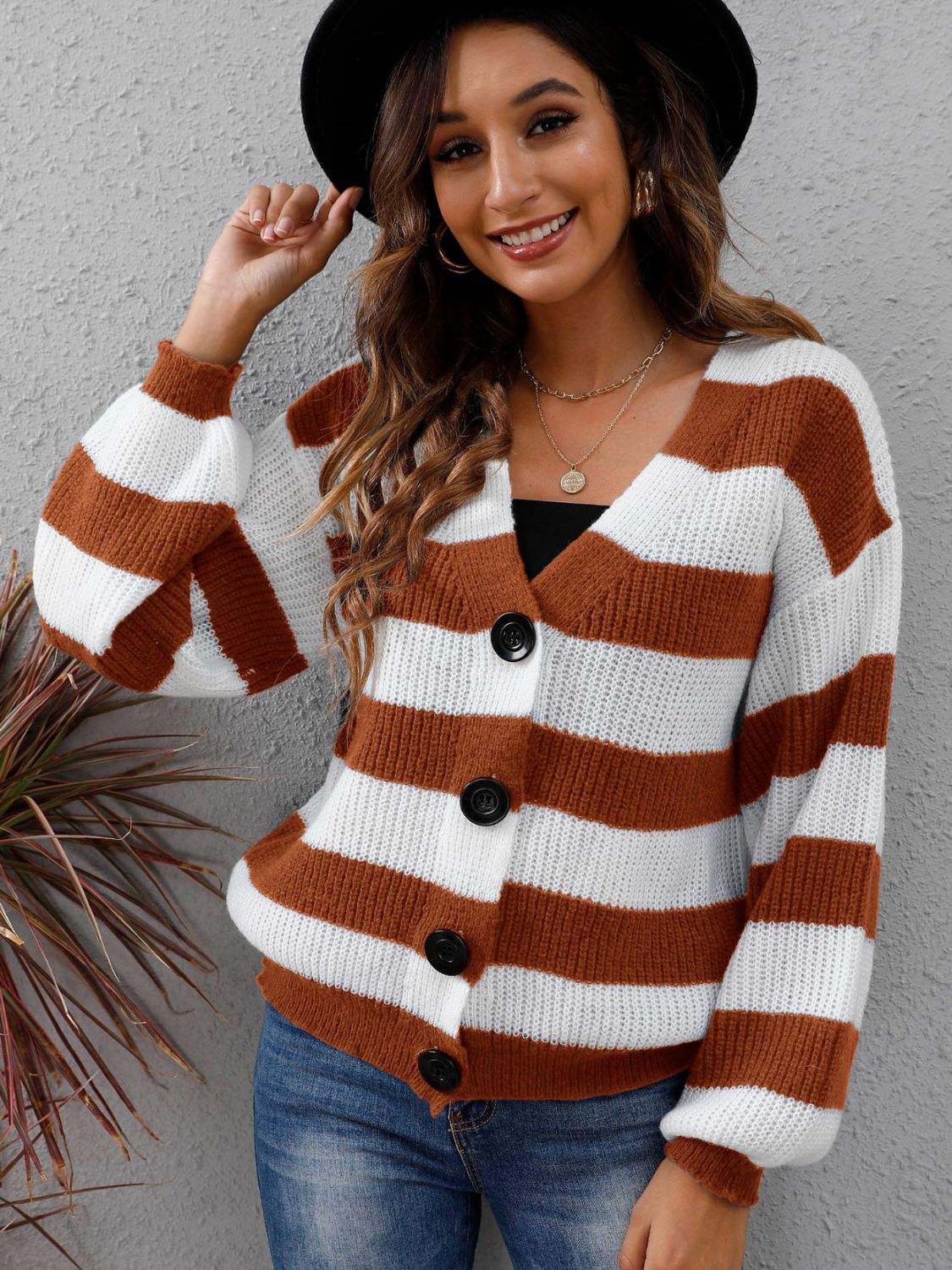 Striped Button Up Long Sleeve Sweater - Trendsi - Flyclothing LLC
