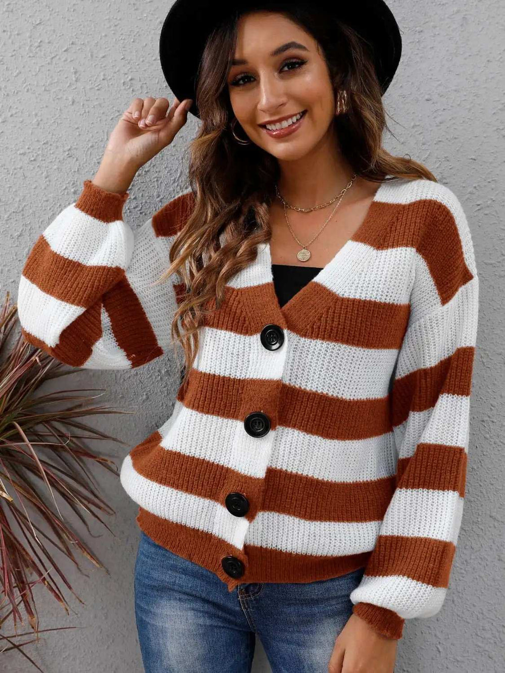 Striped Button Up Long Sleeve Sweater - Trendsi - Flyclothing LLC