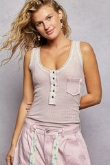 POL Lace Trim Tank with Front Button Closure - Trendsi - Flyclothing LLC