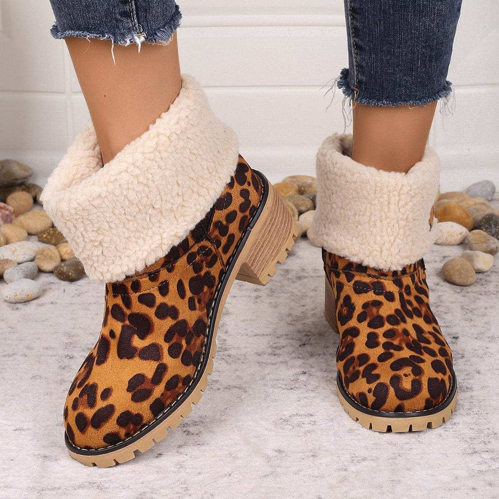 Leopard Block Heel Fuzzy Boots - Trendsi - Flyclothing LLC