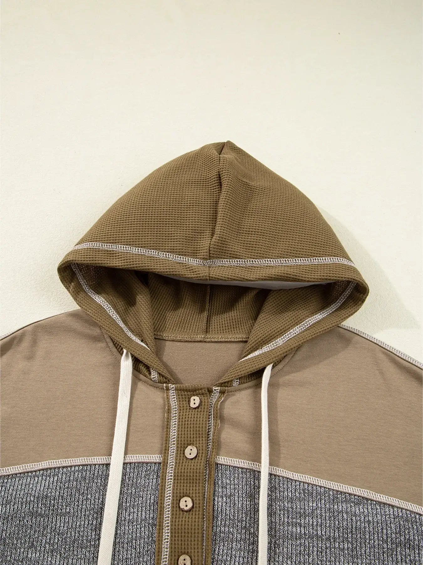Mixed Texture Patchwork Exposed Seam Half Button Hoodie - Trendsi - Flyclothing LLC