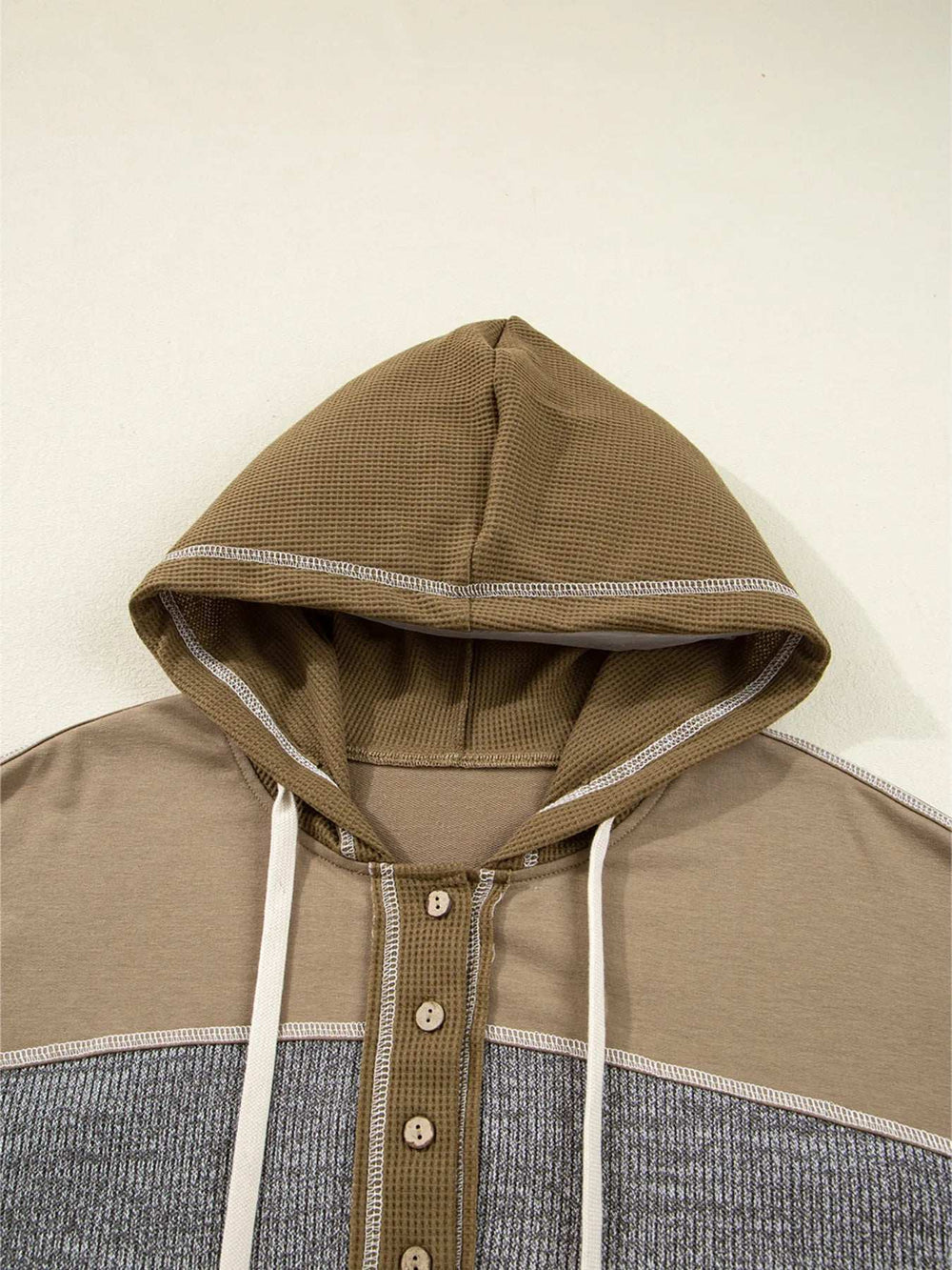 Mixed Texture Patchwork Exposed Seam Half Button Hoodie - Trendsi - Flyclothing LLC
