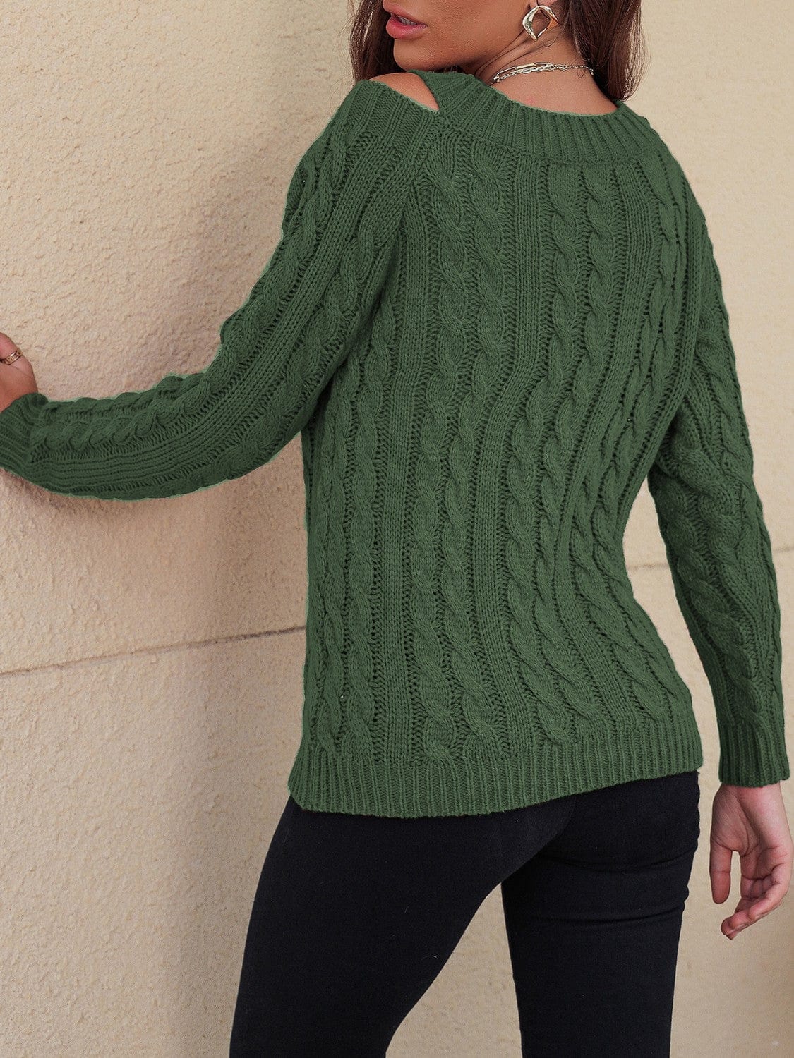 Honey Cable-Knit V-Neck Cold Shoulder Sweater - Trendsi