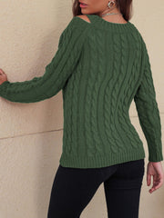 Honey Cable-Knit V-Neck Cold Shoulder Sweater - Trendsi