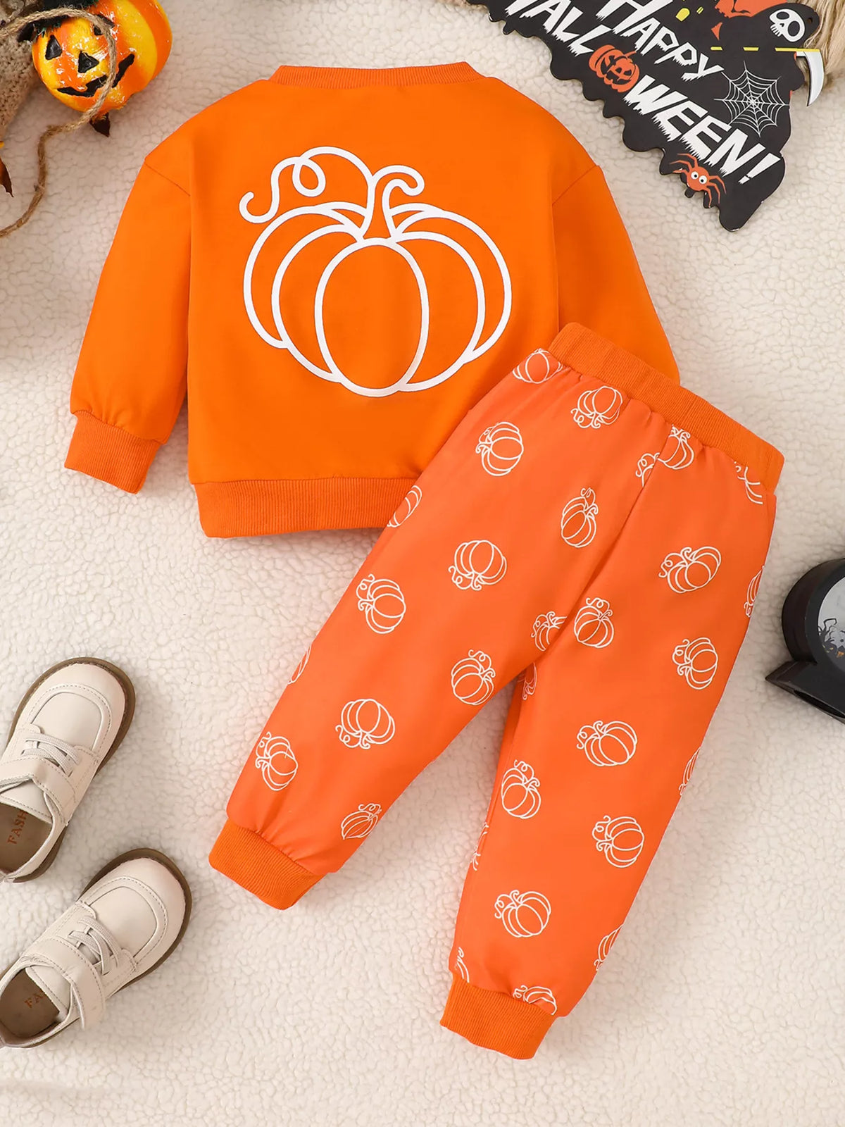 Children's Halloween Pumpkin Print Long Sleeve Sweatshirt and Pants Set - Trendsi - Flyclothing LLC