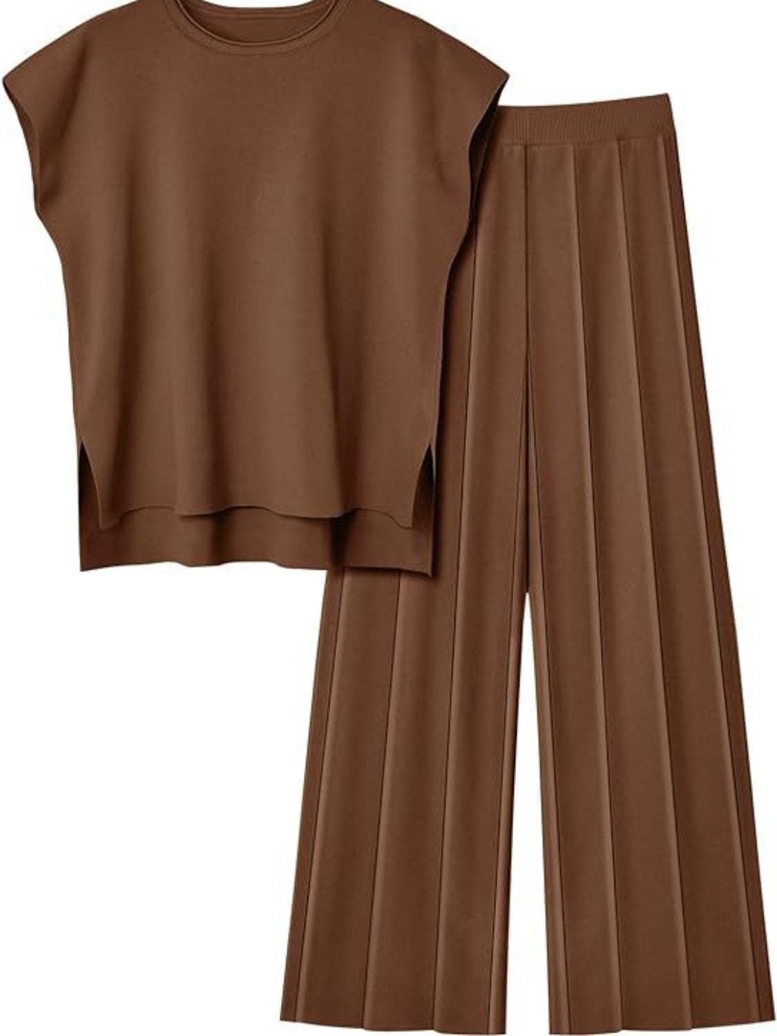 Round Neck Cap Sleeve Top and Pants Knit Set - Trendsi - Flyclothing LLC