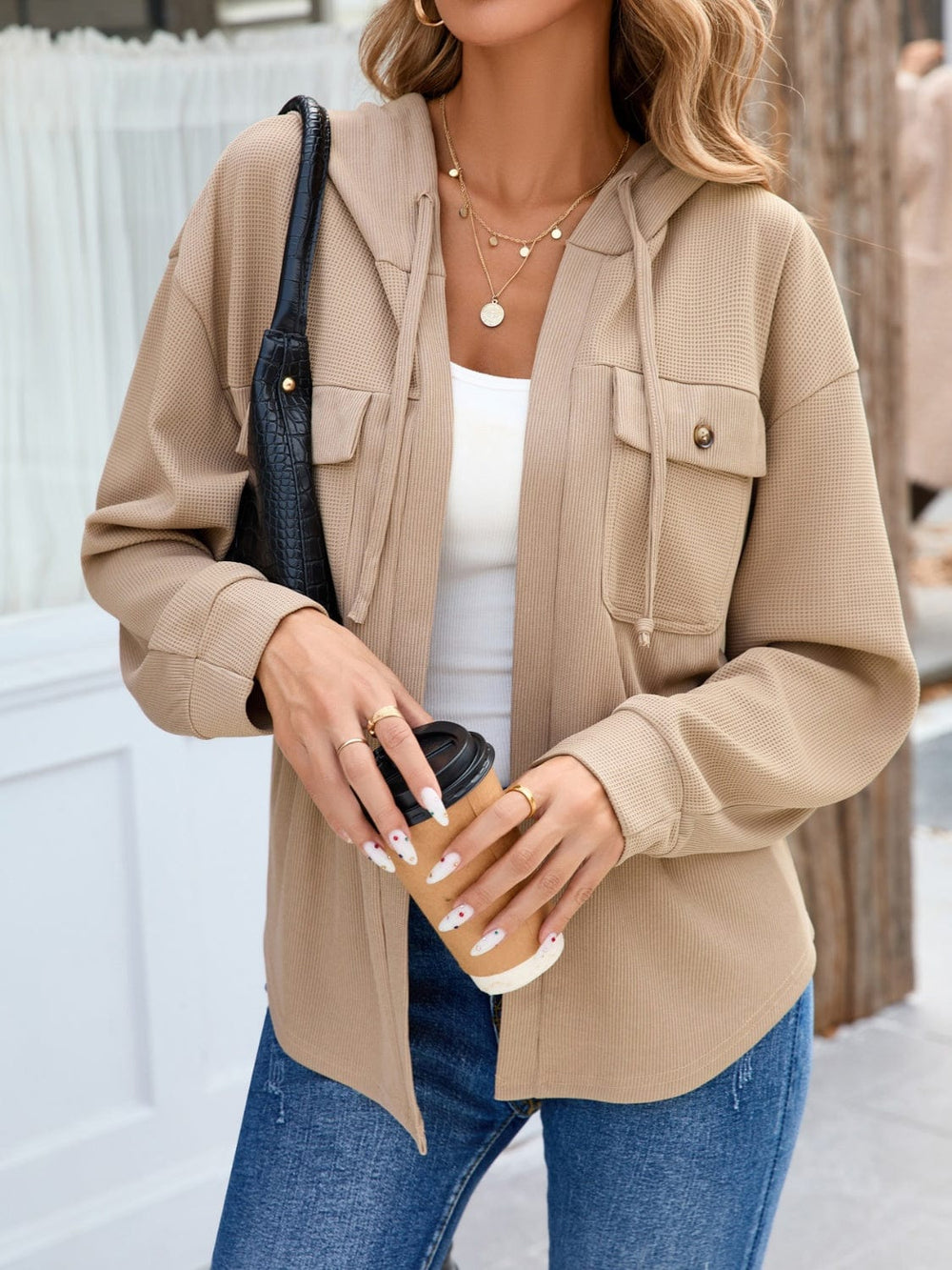 Waffle Knit Open Front Hooded Outerwear - Trendsi