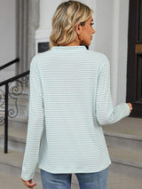 Striped Notched Long Sleeve T-Shirt - Trendsi - Flyclothing LLC