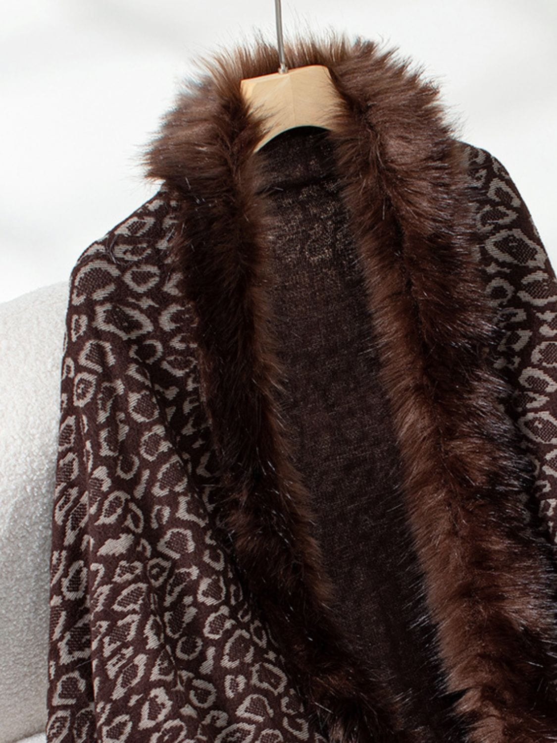 Fringe Leopard Open Front Long Sleeve Poncho - Trendsi