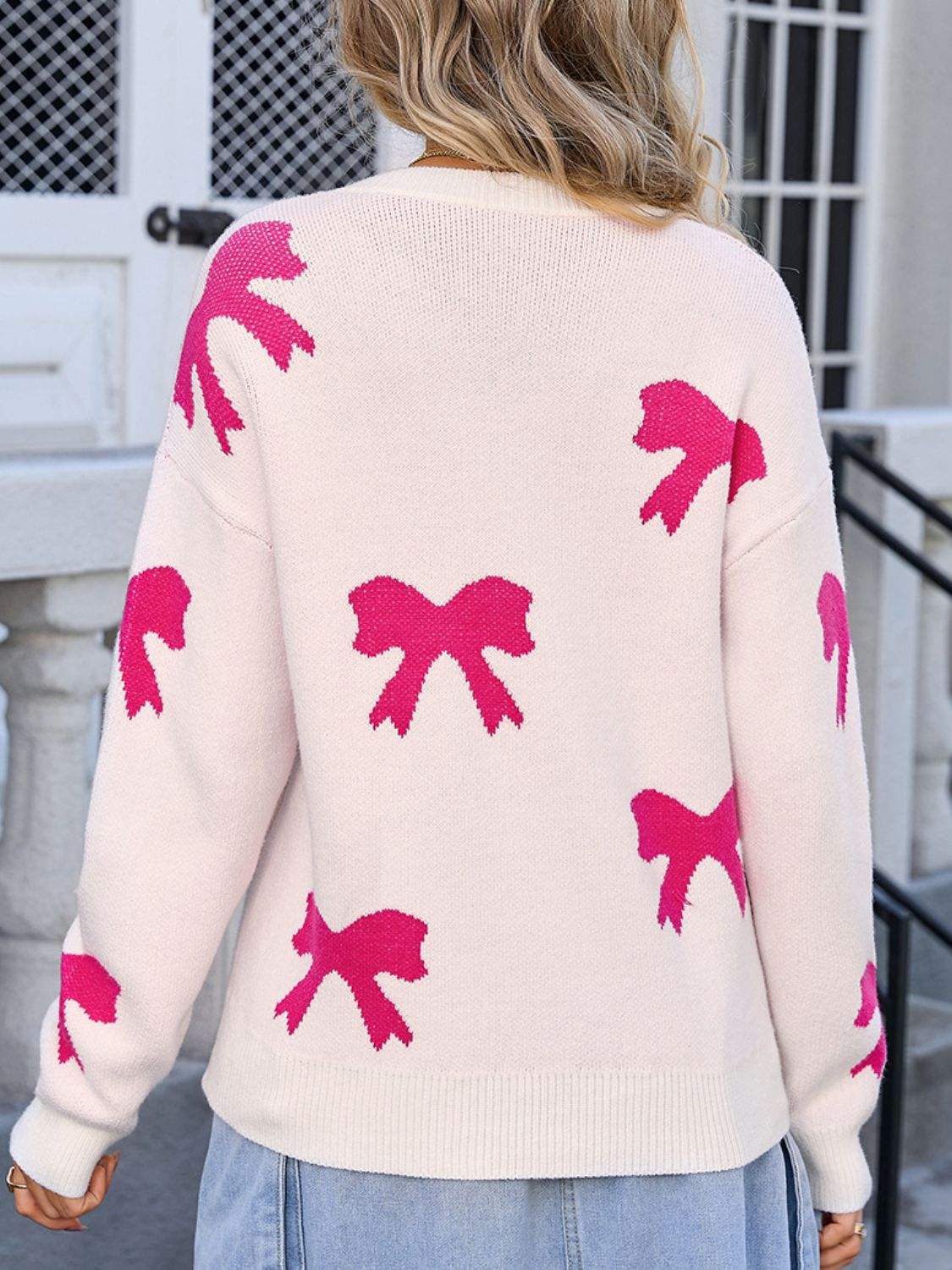 Bow Round Neck Dropped Shoulder Sweater - Trendsi - Flyclothing LLC
