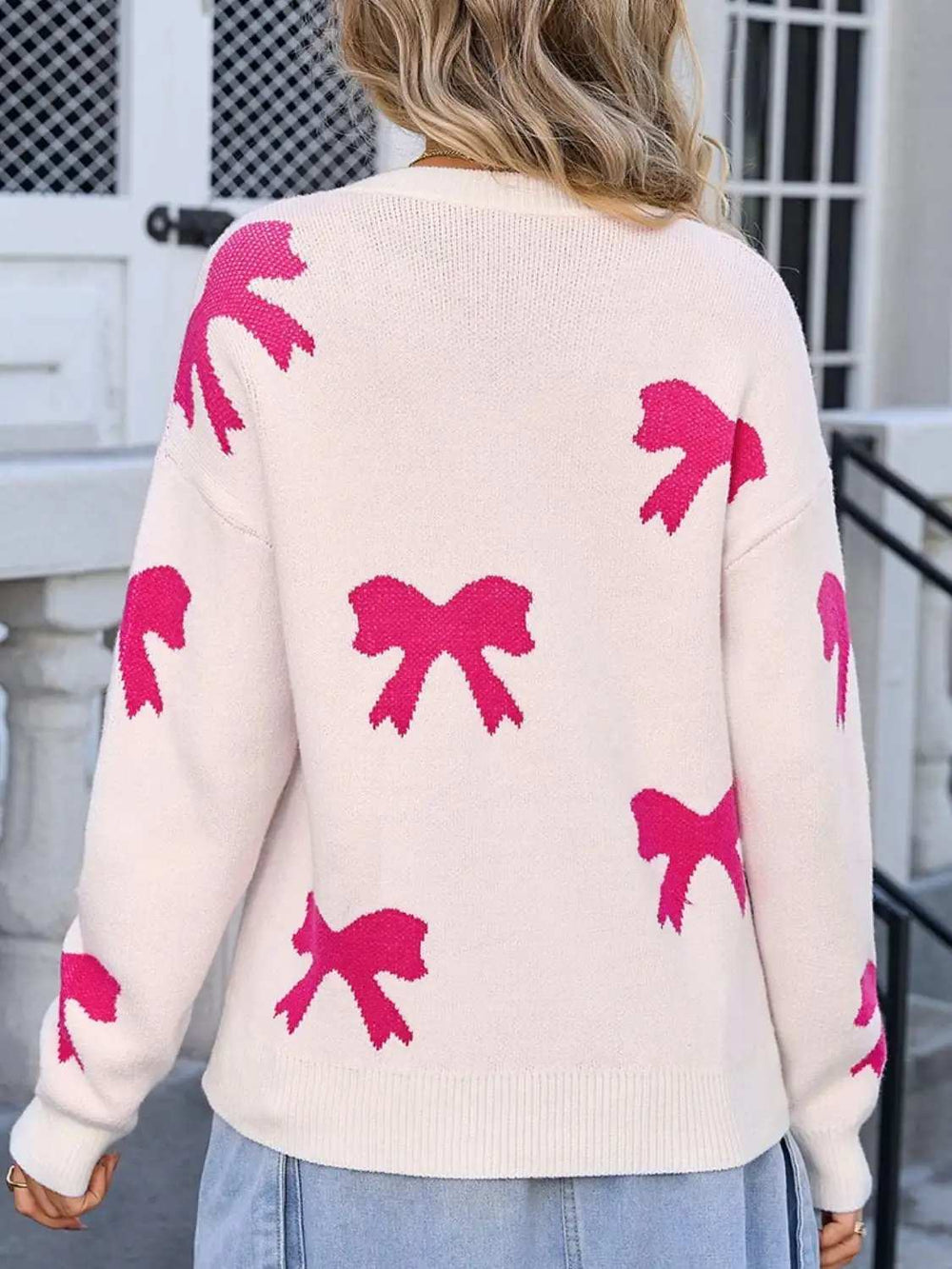 Bow Round Neck Dropped Shoulder Sweater - Trendsi - Flyclothing LLC