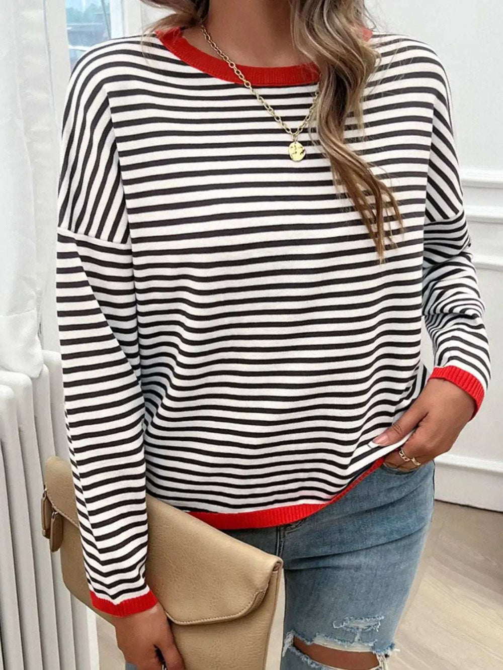 Striped Round Neck Dropped Shoulder Sweater - Trendsi - Flyclothing LLC