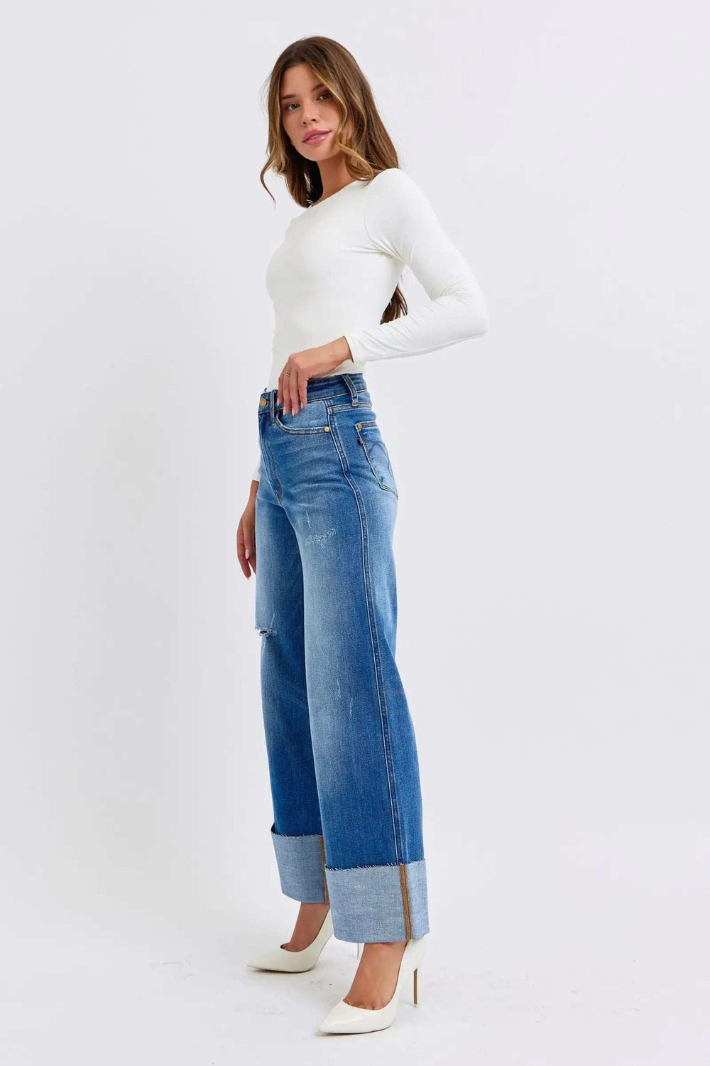 Judy Blue Full Size Distressed High Waist Wide Leg Jeans - Trendsi - Flyclothing LLC