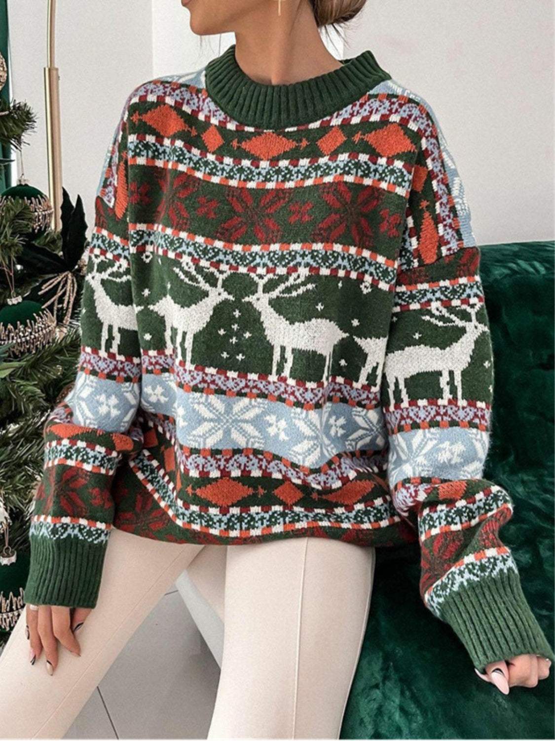 Geometric Round Neck Dropped Shoulder Sweater - Trendsi - Flyclothing LLC