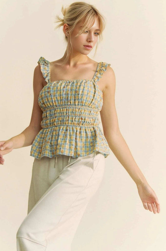 Davi & Dani Plaid Ruffled Strap Smocked Sleeveless Top - Trendsi - Flyclothing LLC
