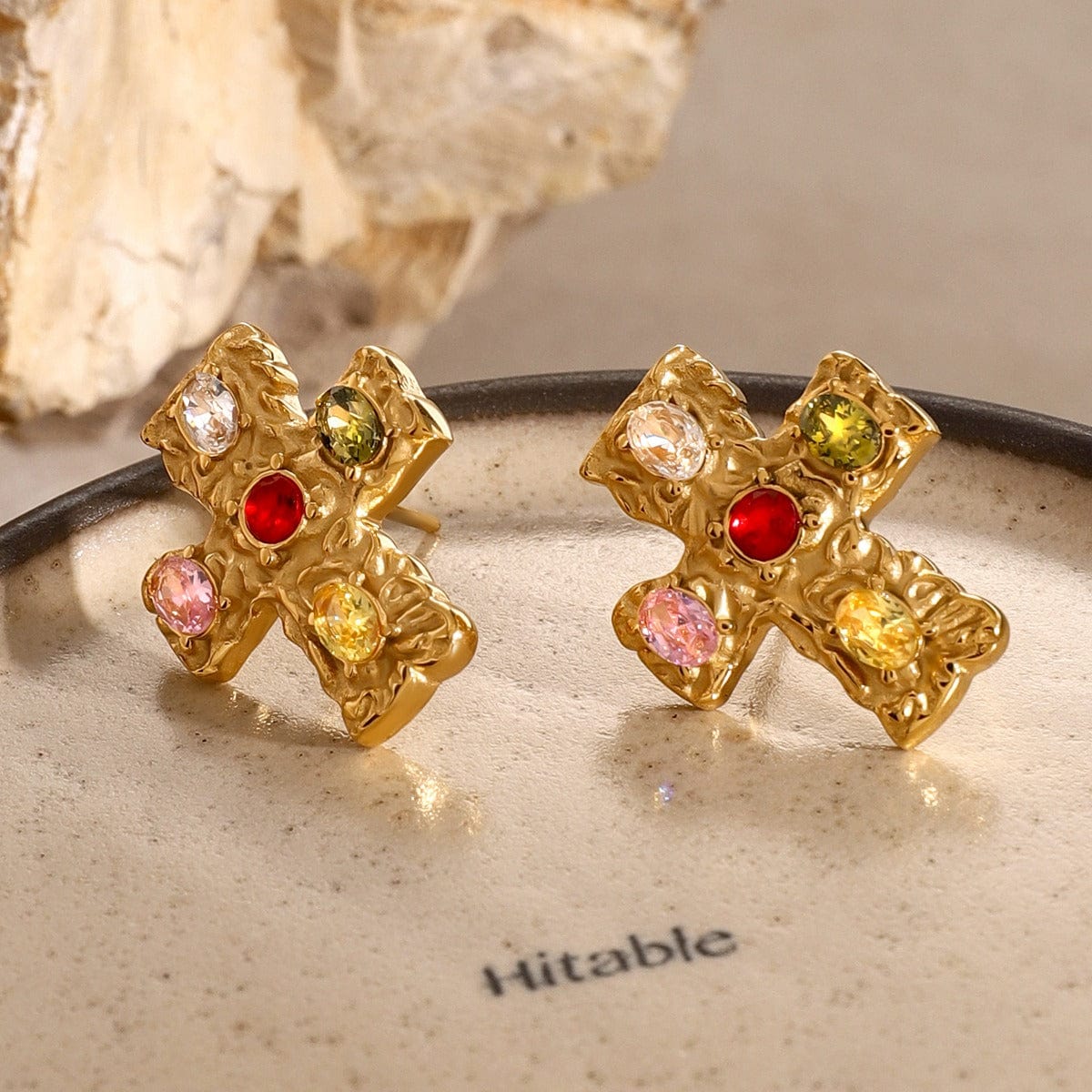 18K Gold-Plated Zircon Cross Earrings - Trendsi
