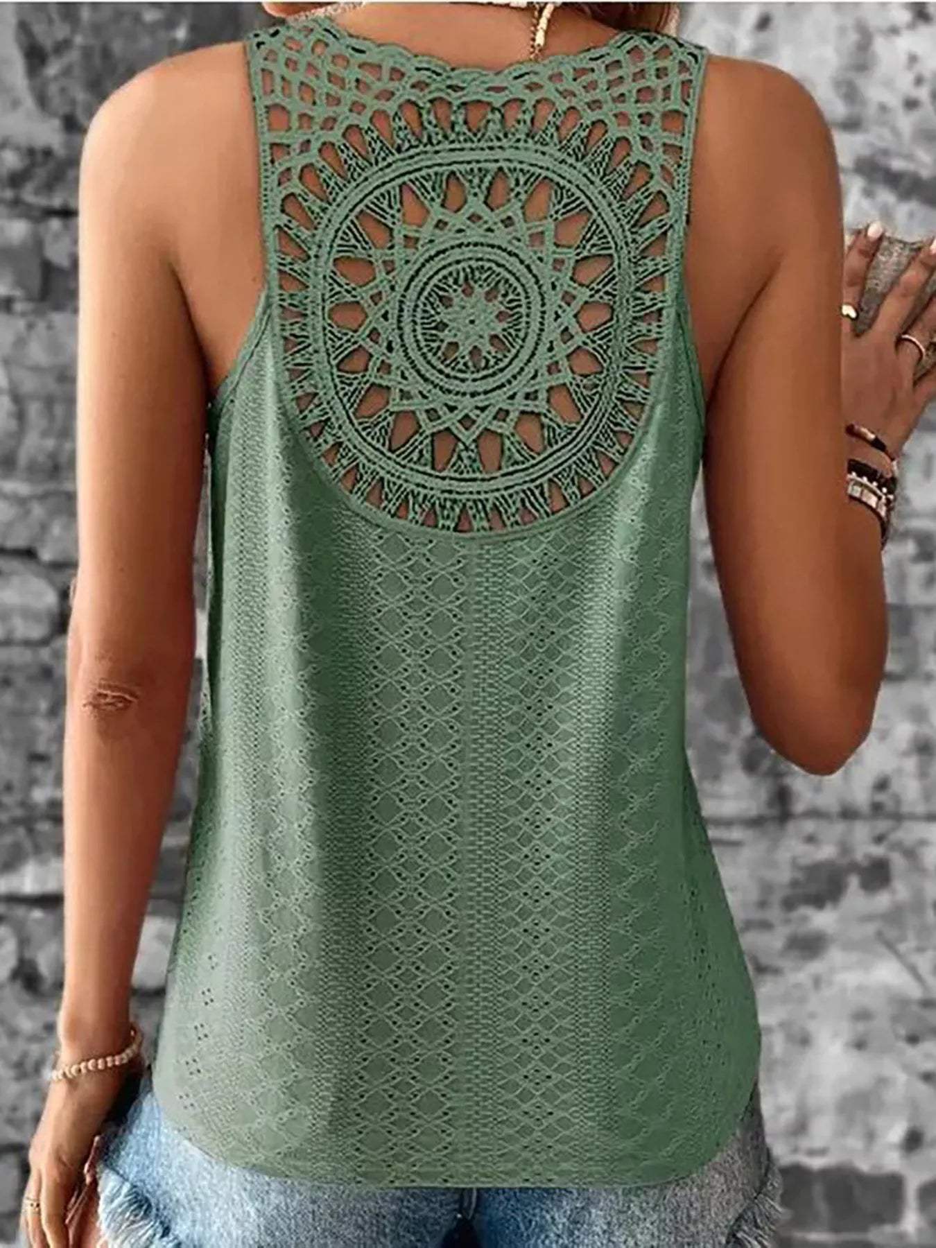 Eyelet Lace Trim V-Neck Tank Top - Trendsi - Flyclothing LLC