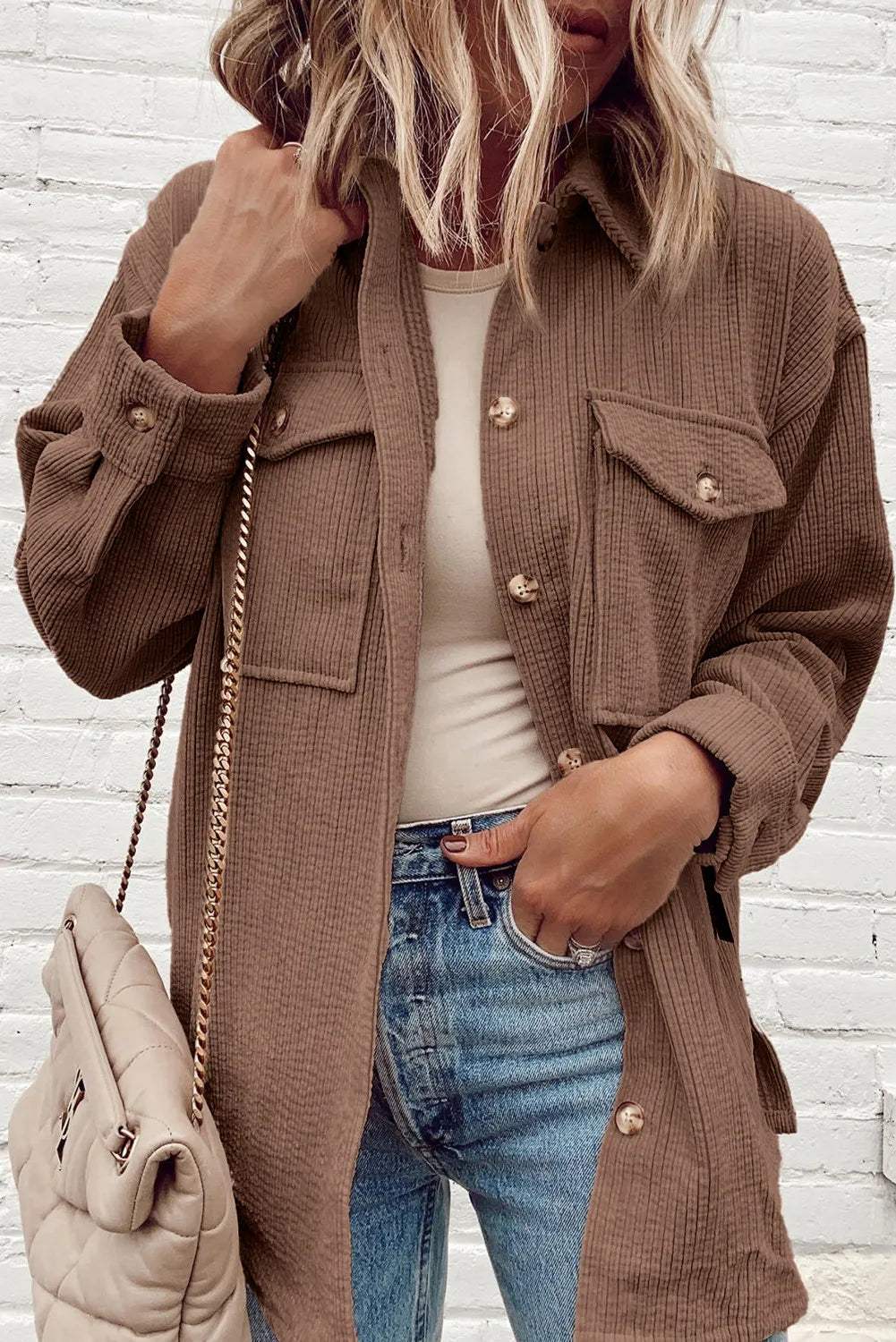 Pocketed Button Up Dropped Shoulder Shacket - Trendsi - Flyclothing LLC
