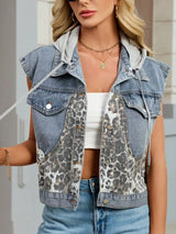 Leopard Button Up Hooded Denim Vest - Trendsi - Flyclothing LLC