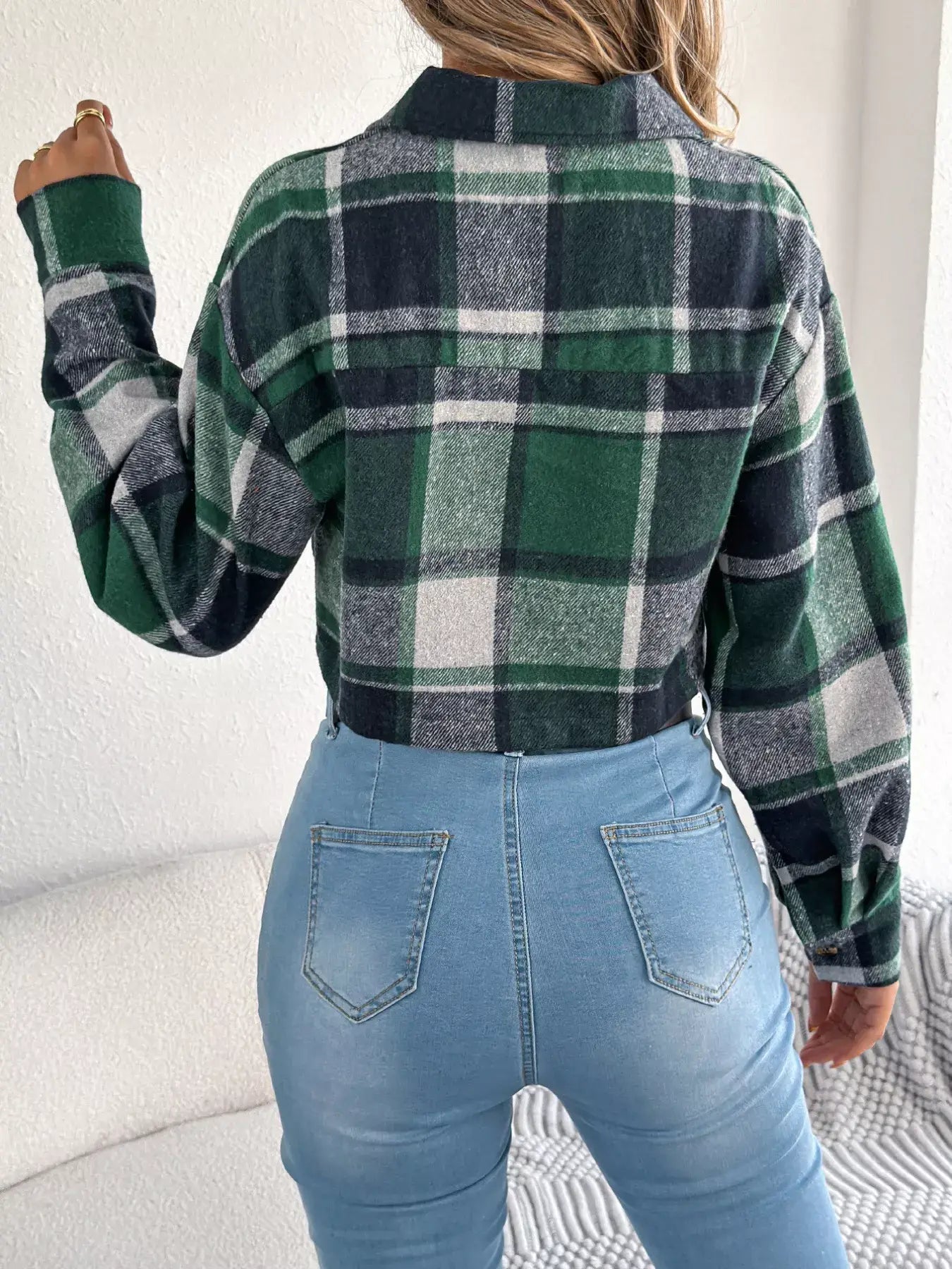 Plaid Button Up Cropped Jacket - Trendsi - Flyclothing LLC