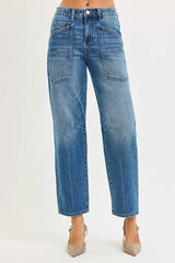 RISEN 4 Way Stretch Mid Rise Barrel Jeans with Patch Pocket Detail - Trendsi - Flyclothing LLC