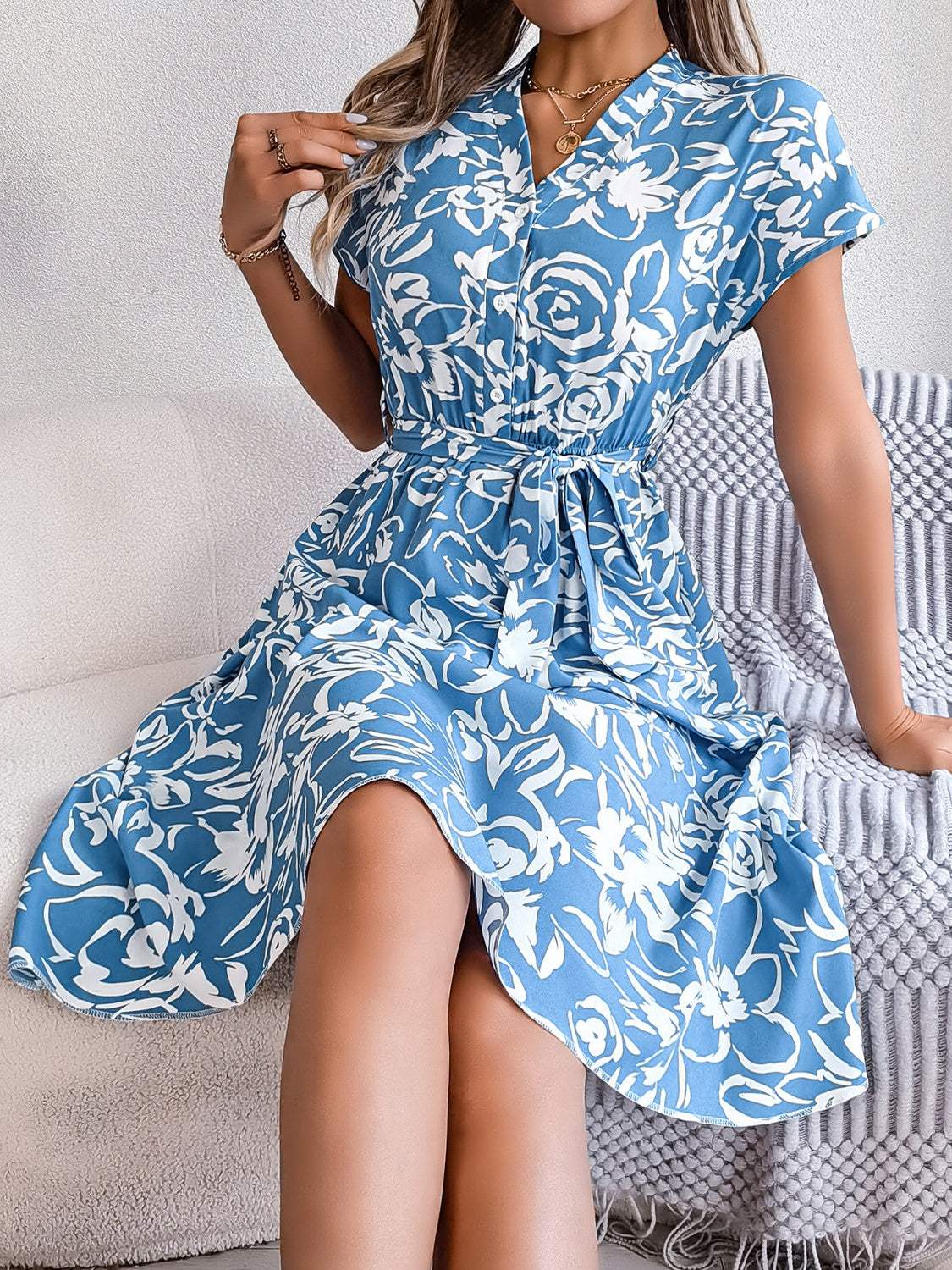 Printed V-Neck Short Sleeve Dress - Trendsi - Flyclothing LLC