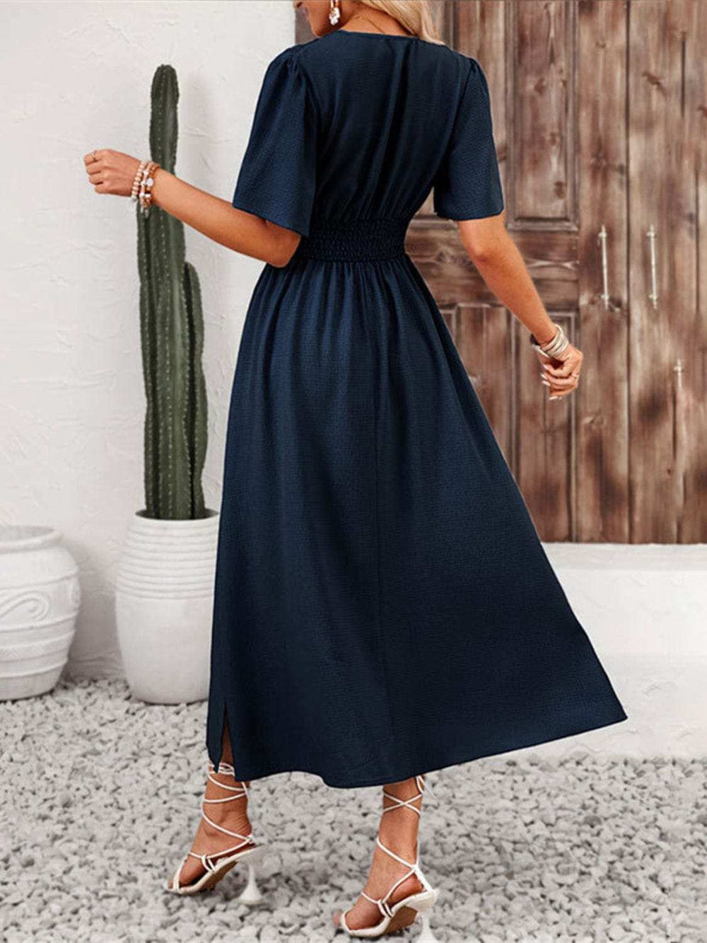 Side Slit Surplice Flutter Sleeve Midi Dress - Trendsi - Flyclothing LLC