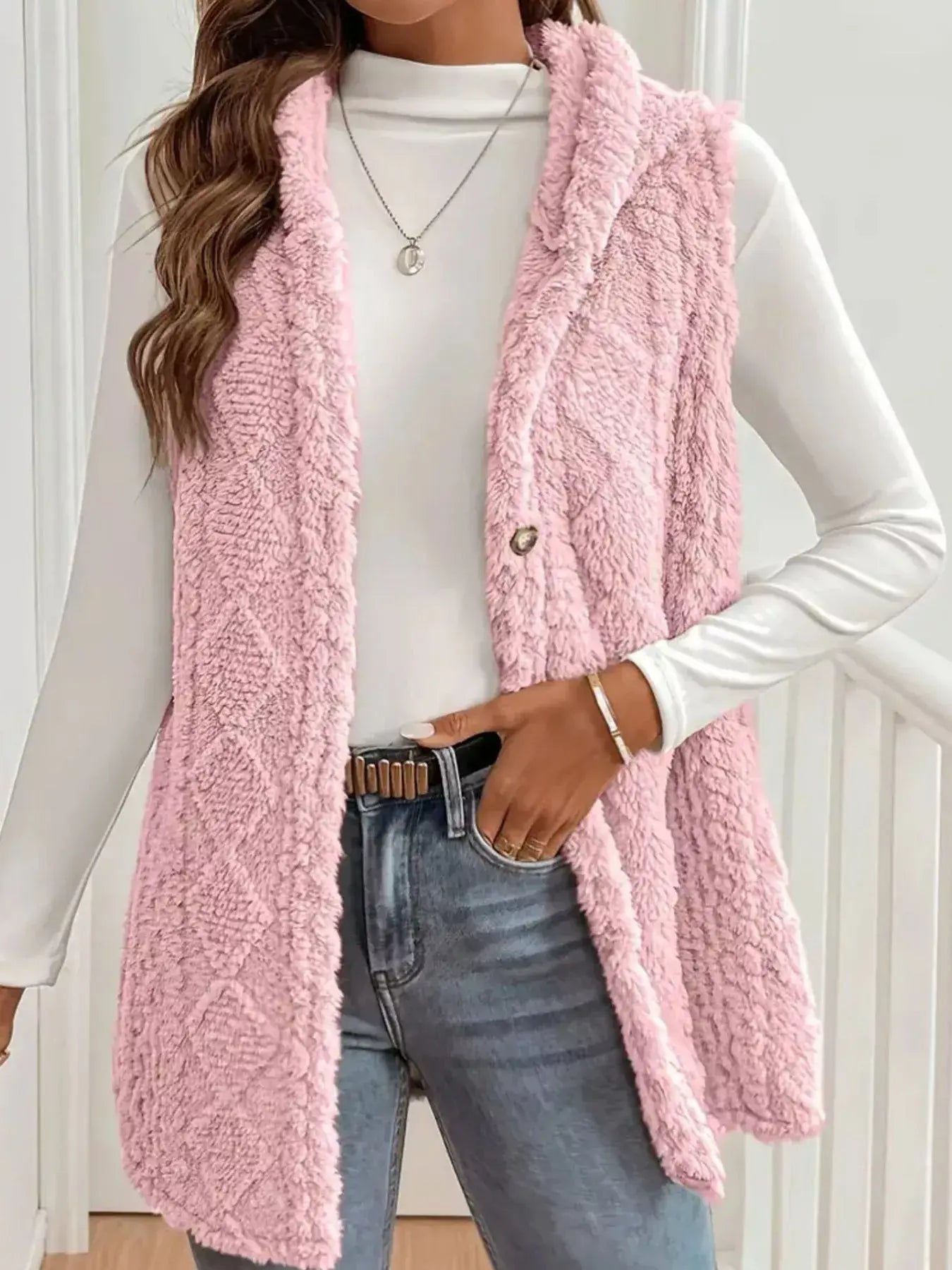 Button Up Plush Hooded Vest Coat - Trendsi - Flyclothing LLC