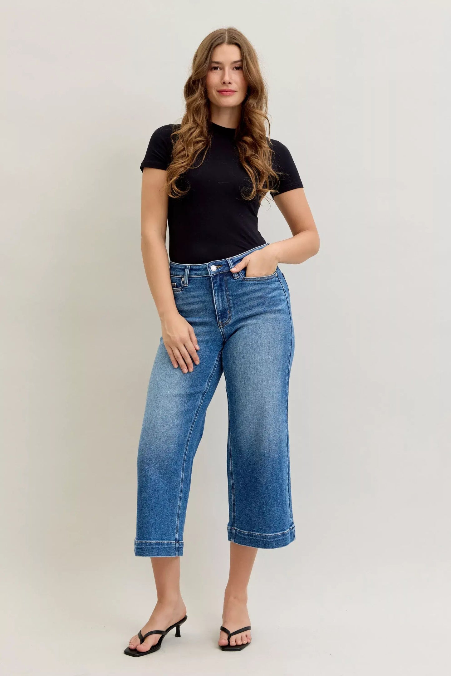 Judy Blue Mid Rise Crop Wide Leg Jeans - Trendsi - Flyclothing LLC