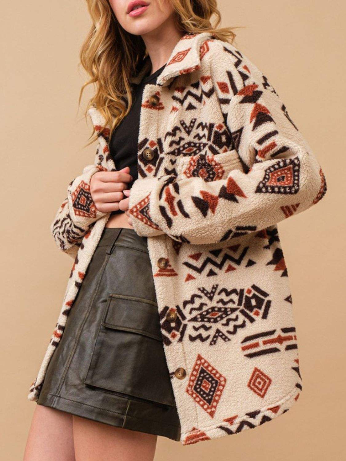 Geometric Button Up Long Sleeve Sherpa Jacket - Trendsi - Flyclothing LLC