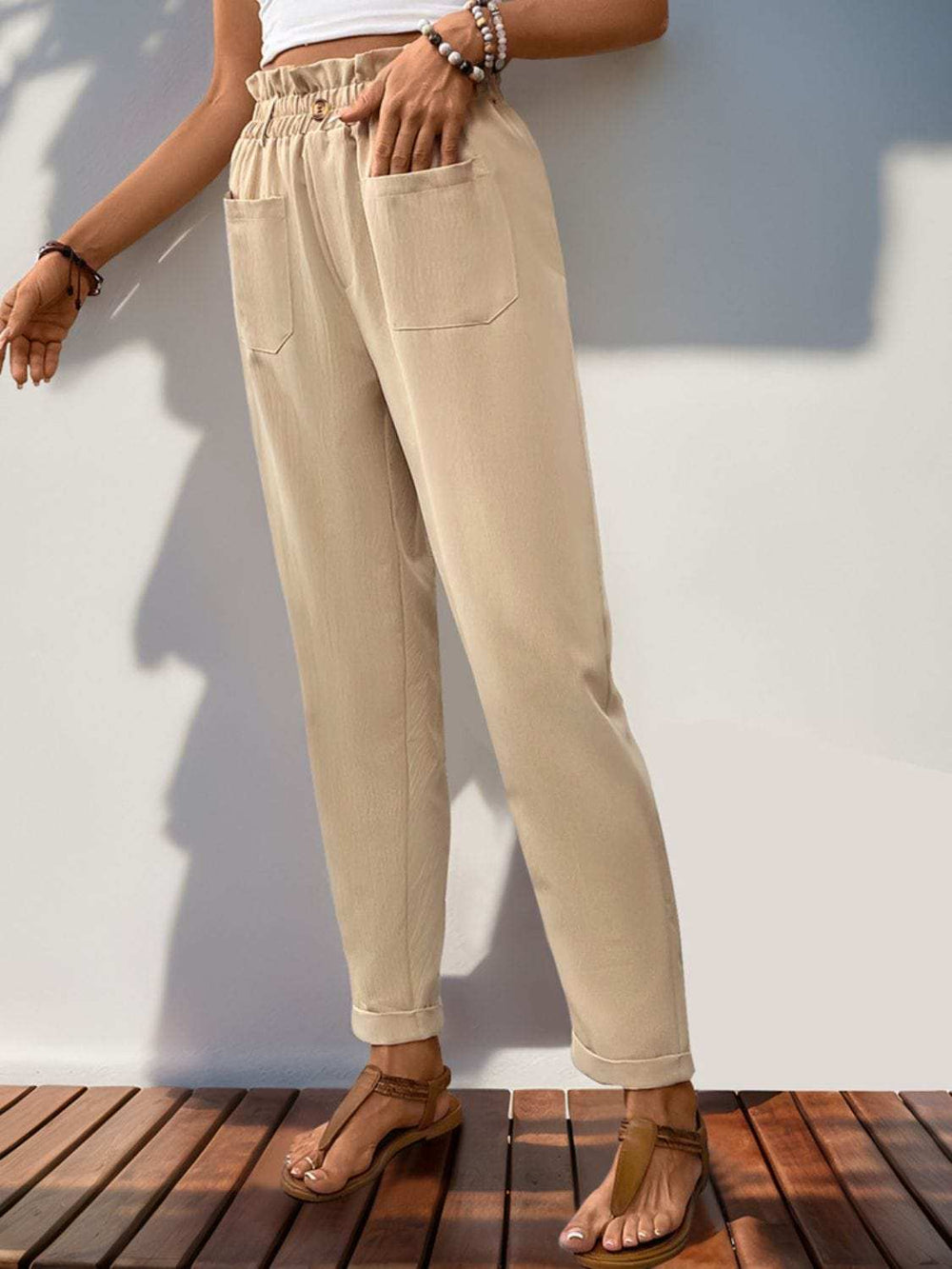 Frill High Waist Pants with Pockets - Trendsi - Flyclothing LLC