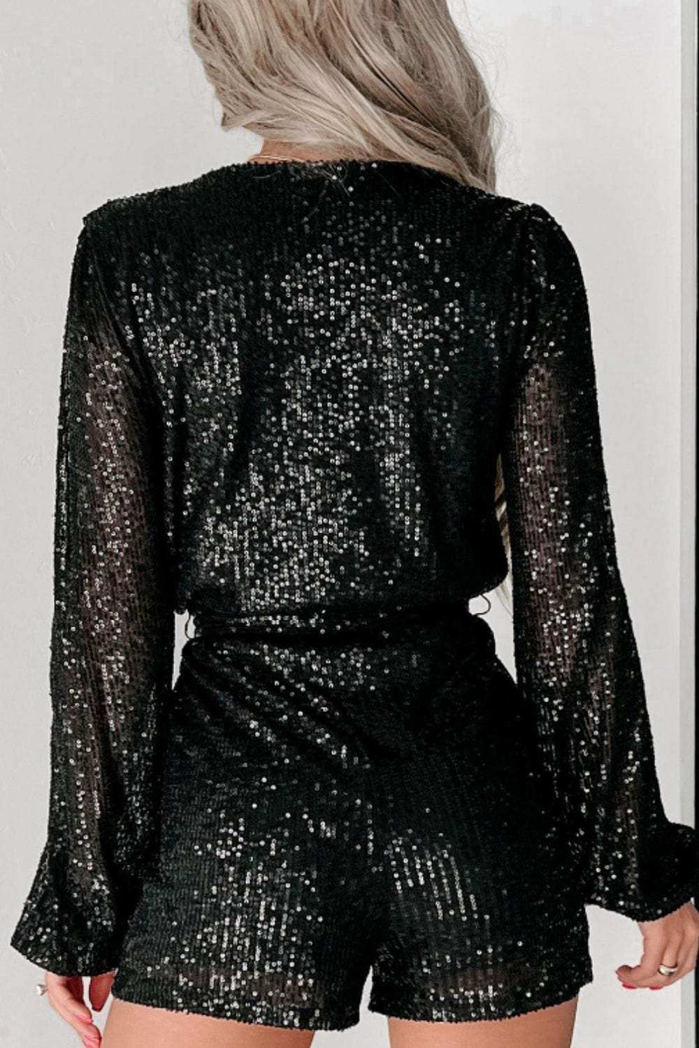 Sequin Surplice Long Sleeve Romper - Trendsi - Flyclothing LLC