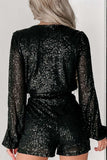 Sequin Surplice Long Sleeve Romper - Trendsi - Flyclothing LLC
