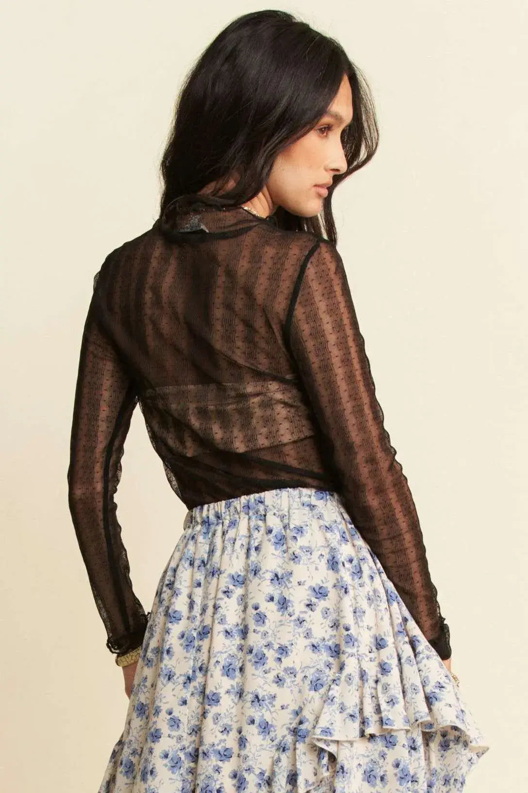 Davi & Dani Turtle Neck Lace Dotted Stretch Mesh Sheer Top - Trendsi - Flyclothing LLC