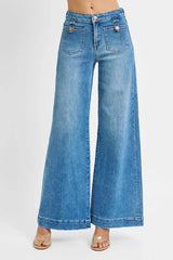RISEN Full Size Mid Rise Wide Front Patch Pocket Jeans Plus Size - Trendsi - Flyclothing LLC