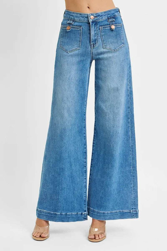 RISEN Full Size Mid Rise Wide Front Patch Pocket Jeans Plus Size - Trendsi - Flyclothing LLC