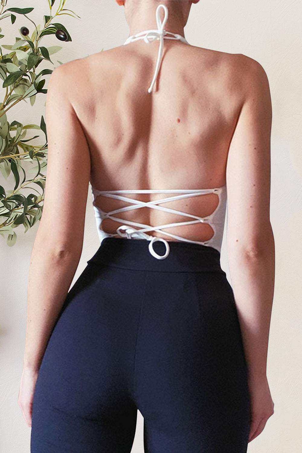 Backless Lace-Up Halter Neck Cami - Trendsi - Flyclothing LLC