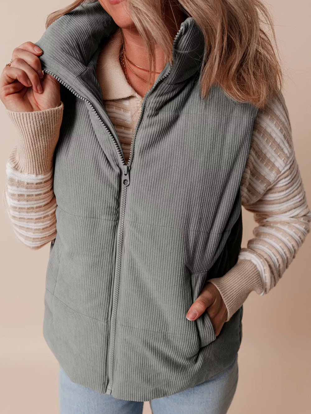Corduroy Stand Neck Zipped Puffer Vest - Trendsi - Flyclothing LLC