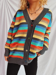 Contrast Stripes Button Up Long Sleeve Cardigan - Trendsi