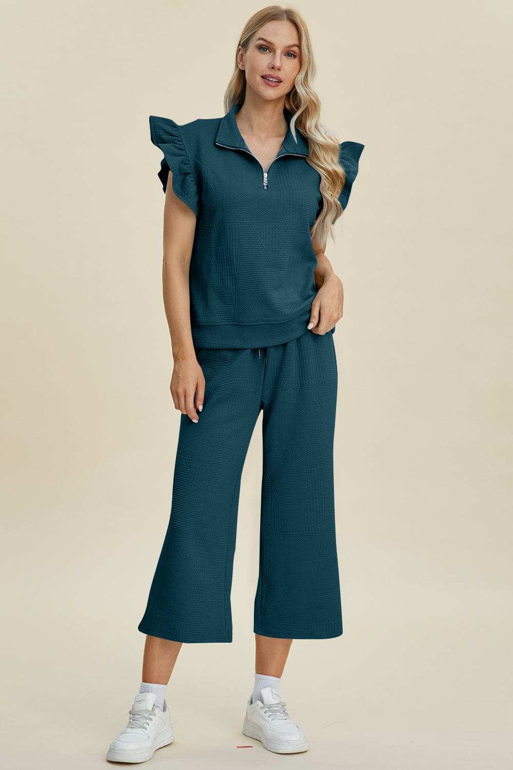 Double Take Full Size Texture Ruffle Short Sleeve Top and Wide Leg Pants Set - Trendsi - Flyclothing LLC