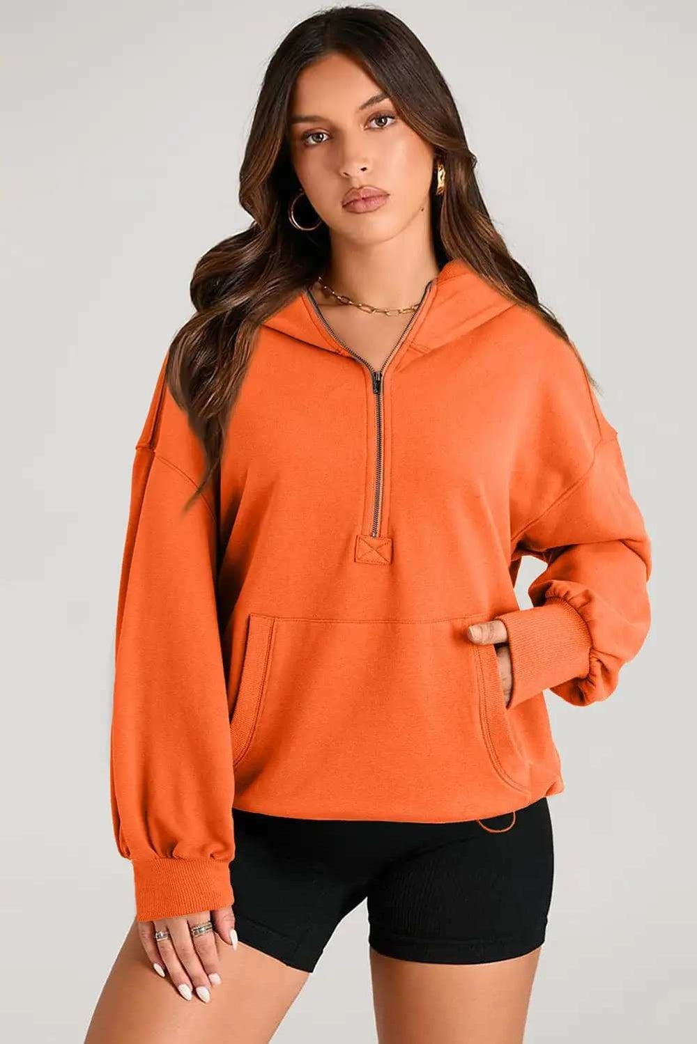 Pocketed Half Zip Long Sleeve Hoodie - Trendsi - Flyclothing LLC
