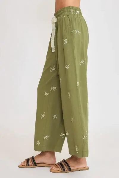 Umgee Full Size Lace Drawstring Embroidered Bow Wide Leg Pants Plus Size - Trendsi - Flyclothing LLC