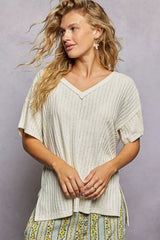 POL Ribbed Knit V-Neck Short Sleeve T-Shirt with Side Slit - Trendsi - Flyclothing LLC